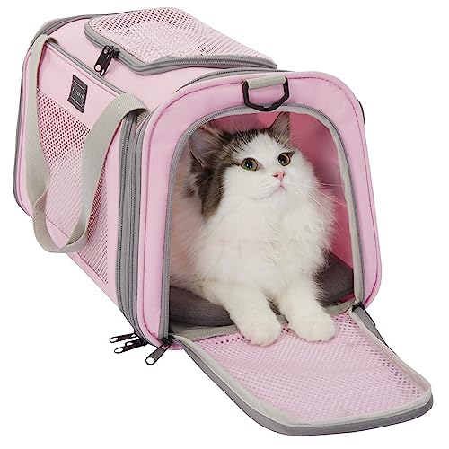 Petsfit Cat Carrier Airline Approved, 17.5×10.5×10.5 in, Pink | Escape-Proof Design with Locking Zippers & Safety Leash, Easy-Access 3-Way Entry, Washable Mat up to 12 lb - color: Pink, size: Medium
