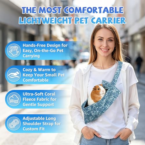 Bearded Dragon & Guinea Pig Carrier Sling, Soft Coral Fleece Bonding Pouch, 2-in-1 Sling & Backpack for Outdoor, Portable Travel Bag for Rabbit, Kitten, Chinchilla & Small Pets (Blue)