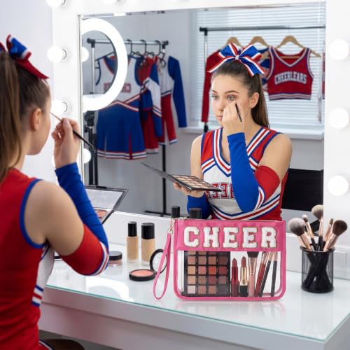 Kacctyen 20 Pcs Multicolor Chenille Letter Cheer Bags Cheerleader Clear Makeup Bags Snacks Pouch Bulk Preppy Patch Cosmetic Pouch with Wrist Strap Zipper for Travel Team Cheerleaders - color: Multicolor