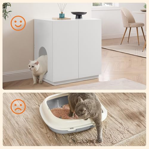 unipaws Tall Cat Litter Box Enclosure for Tall or Top Entry Litter Box | Hidden Litter Box Cover with Shelves, Kitty Enclosed Litter Box Cabinet, Cat Box Furniture - color: White