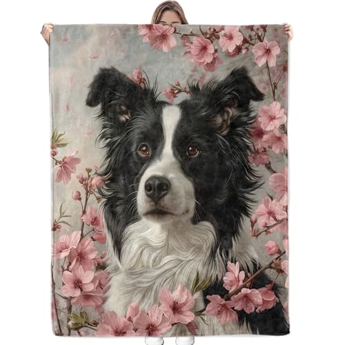 Cute Collie Dog with Pink Floral Blanket Soft Cozy Flannel Throw Blanket for Men Women Adults Kids - Warm Yet Lightweight Blankets for Travel, Bed, Couch, Fuzzy Outdoor Comfort Wrap 60"×50" - color: Dog02, size: 60x50 Inch