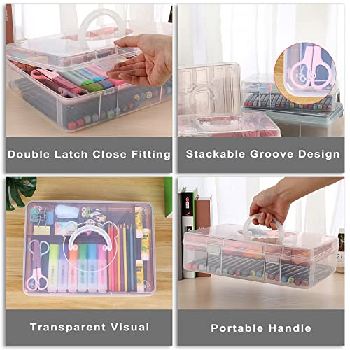 BTSKY 2-Tier Cute Bear Storage Box with Removable Divided Tray Portable Clear Plastic Art Craft Supply Organizer Stackable Home Office Supplies Storage Container for Pens Notes A4 papers etc (Pink) - color: Pink