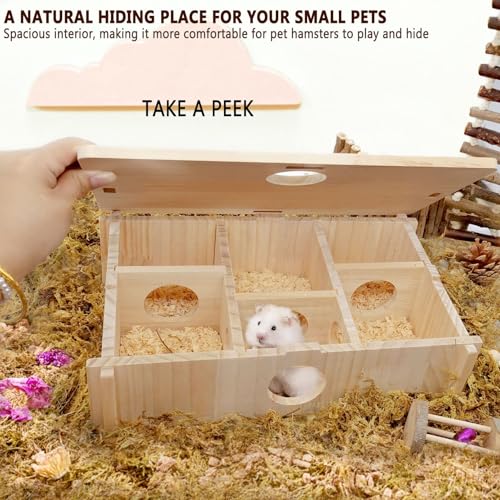 Kathson Multi-Chamber Hamster Tunnel House Maze: 2 Entrance 6 Rooms Hideout | Multichamber Hamster Hide with Cover,Mice House Tunnel Exploring Toy for Dwarf Hamsters, Gerbils,Small Animals - color: Natural wood Hamster Maze House