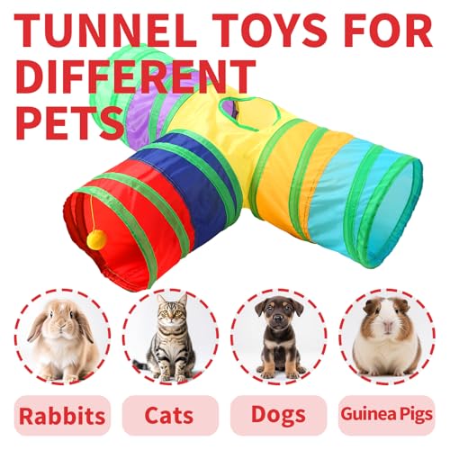 Pet Cat Tunnel, T-3 Way Tunnels for Indoor Cats, Collapsible Pet Tunnel for Kitten, Puppy, Rabbit, 25cm-Wide Tunnels, Durable & Breathable, with Peek Hole Toy Ball - color: T-Junction Tunnel & Rainbow