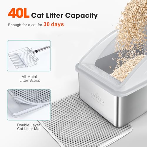 AIPERRO Stainless Steel Litter Box | XXL Deepened 8" Design Enclosed Box with Lid for Big Cats | High Sided, Anti-Urine Leakage | Non-Stick Bottom & Includes Litter Mat & Metal Scoop - color: Silver Grey, size: XX-Large