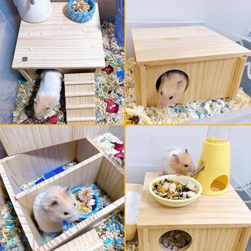 Hamster Wooden House with Ladder Hamster Wood Hideout Activity Platform Exercise Climbing Hut Natural Living Wood Room for Syrian Hamster Gerbil Mice Rat