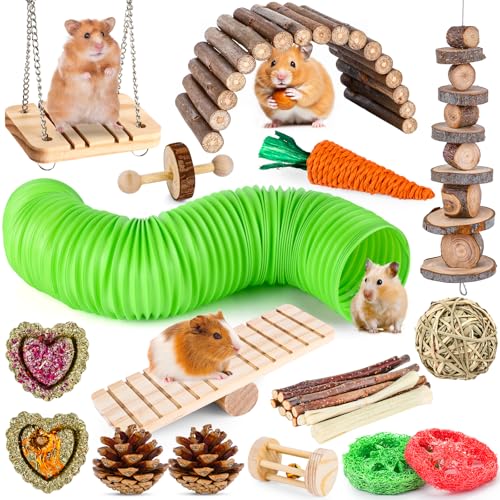 Hamster Toys Set, Guinea Pig Toys Bunny Small Animal Chewing Toy for Cage | Chinchillas, Gerbils, Rats, Rabbit Rodents Teeth Care Toys, Apple Wood Timothy Hay Mouse Toy Swing Seesaw Bridge - size: 28Pack-hamster toys
