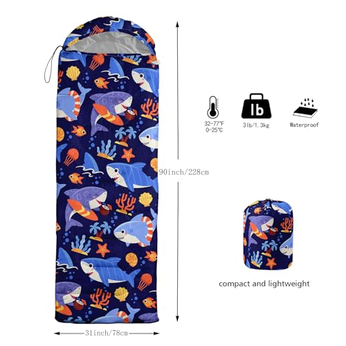QOOMO Camping Sleeping Bags,3 Season Warm & Cool Weather,Lightweight,Waterproof Sleeping Bags for Adults & Kids,Traveling,and Outdoors,Camping Gear Equipment - color: cartoon shark
