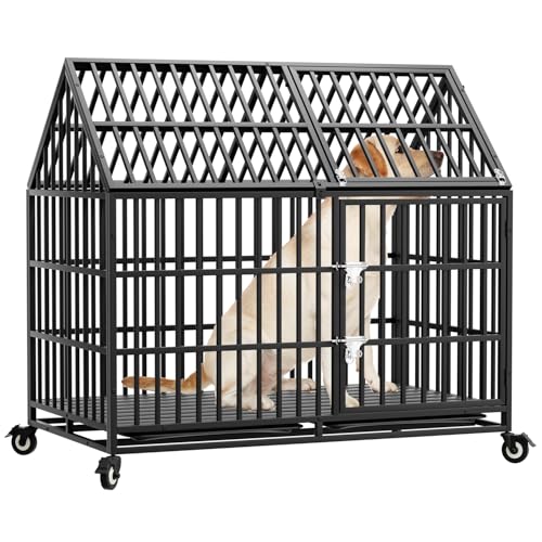 50 inch Heavy Duty Indestructible Dog Crate with 2 Bowls, Steel Double Door Indoor High Anxiety Cage for Large Giant Dogs, Escape-Proof Chew-Proof Pet Kennel with Trays and Wheels, Extra Large XL XXL - size: 49.2"L x 29.7"W x 46.3"H