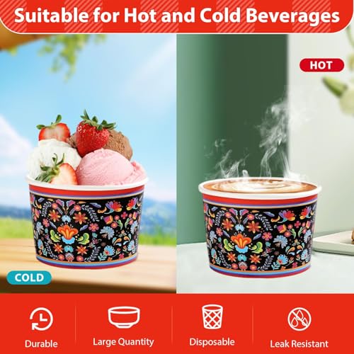 120Pcs 12oz Mexican Ice Cream Cups for Hot or Cold Food | Mexican Floral Treat Snack Cups Fiesta Cinco De Mayo Large Dessert Bowl for Food Yogurt Soup Sundae Mexico Birthday Supplies - style: Mexico Black Cups