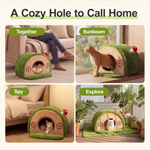 Cat House for Indoor Cats - Tree Hole Cat Bed Cave Hideaway | Enclosed Calming Shelter for Small Medium Pets, Removable & Washable Cushioned Pillow, Cute Kitten Bed with Anti-Slip Base