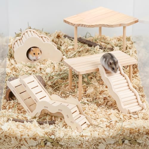 5-in-1 Wooden Hamster Toys Set Hamster House Hideout with Ladder Bridge Platform Table Climbing Ramp, Chew Toy for Syrian Dwarf Hamsters Gerbils Small Pets Cage Accessories Natural Wood Habitat Decor