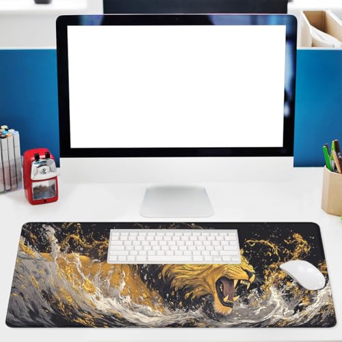 Lion Roaring Desk Mat Gaming Mouse Pad Cool Animal Black Gold Wildlife XL Mouse Pad Large Mousepad Extended Laptop Keyboard Mat Gaming Desk Pad Mouse Mat Office Computer Keyboard Laptop Home - color: Lion Roaring, size: 31.5L x 11.8W inches