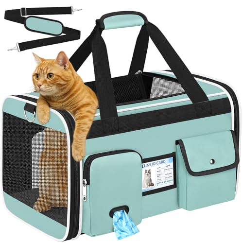 HUANLANG Large Cat Carrier Travel Soft Sided Pet Carrier Airline Approved | Dog Carriers for Small Dogs Medium Cats,Collapsible,3 Storage,zipper lock,Reflective strips,Luggage Strap, Up to 15 Lbs - color: Green