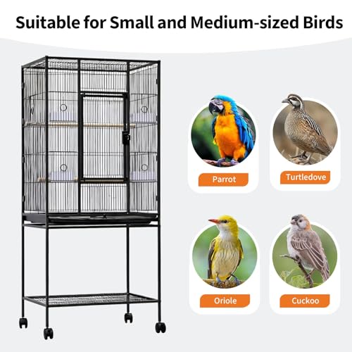 Spacious Flight Bird Cage with Rolling Stand & Storage Shelf - Durable Wrought Iron Parrot Home - Easy Clean, Ideal for Parakeets, Cockatiels, Conures, Lovebirds, Cockatoos - size: 34.1"L x 24.6"W x 4.7"H