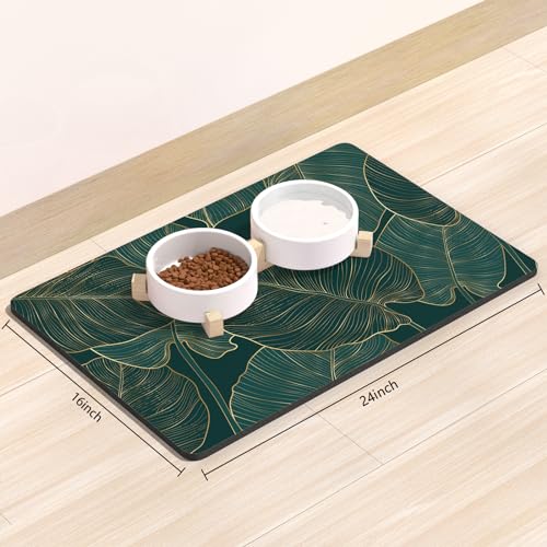Rnivvi Dog Food Mat, 16" x 24" Flower Absorbent Dog Cat Bowl Mat for Food and Water, Cute Anti-Slip Rubber Pet Feeding Rug Protect Floors, Puppy Placemat for Feeding & Watering Supplies, Tropical - color: Tropical Palm Leaves, size: 16"x24" (Regular)