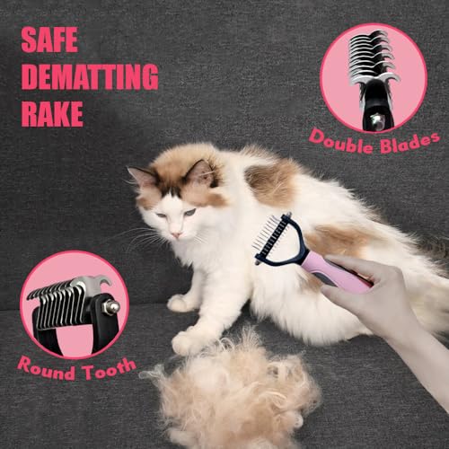 Cat Brush for Shedding 5pcs - Long Haired Cats Brush, Indoor Cats Brush, Small Dogs Brush, Matted Fur Hair Brush with Flea Comb Set, Pink - color: Pink Short