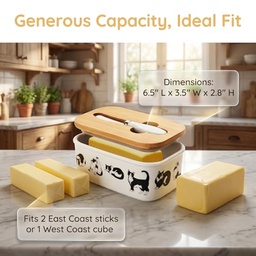 Cute Black White Cat Print Ceramic Butter Dish with Bamboo Lid & Butter Knife, Covered Butter Keeper Container Fits Standard Western Butter Stick for Kitchen Countertop Fridge Storage - color: Cute cat