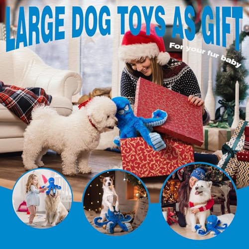 Large Dog Toys, Squeaky Dog Toy, Stuffed Crinkle Blue Octopus Toys 2 Pack | Tough Soft Fabric, Interactive Tug of War Puppy Chew Toys for Teething, Birthday Gift for Pet, Training Reward - color: Blue Octopus 2pack