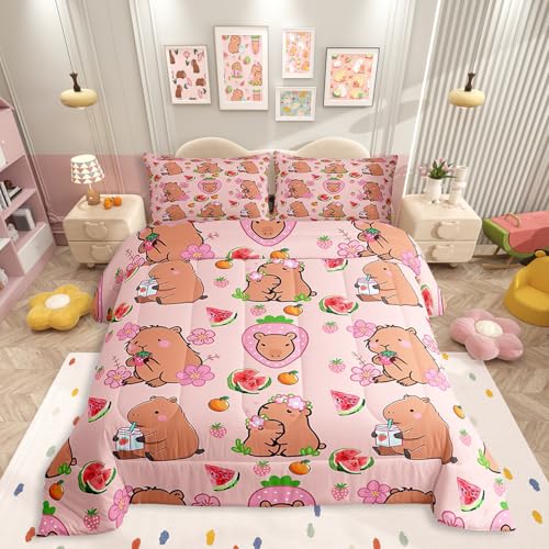 Capybara Lover Bedding Set, Capybaras Decor Comforter Set Twin For Kids Girls Bedroom, Cartoon Rodent Animals Quilted Duvet Capybara Decorations Watermelon Strawberry Duvet Insert Kawaii Decor, Pink - color: Multi 13, size: Twin