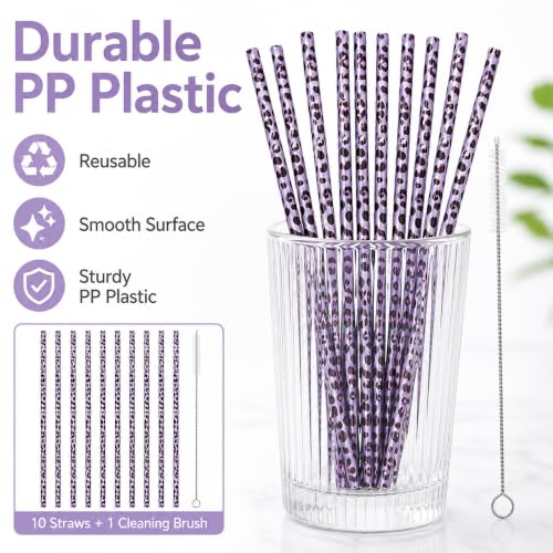 10 Pcs Reusable Brown Leopard Straws Long Straws with Cleaning Brushes | Plastic Cheetah Animal Straws Brown Leopard Print Drinking Straws for Tumblers Cups Safari Wild Favors Birthday Party Supply - color: Purple