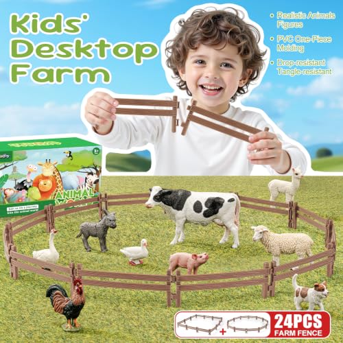 24PCS Farm Ranch Animal Fence Corral Toys for Kids Age 3-5 5-7 4-8 Years Olds Boys Girls, Educational Farm Animal Cake Toppers for Toddlers 3 4 5 6 7 8 9 10 - style: Thick Brown 24PCS
