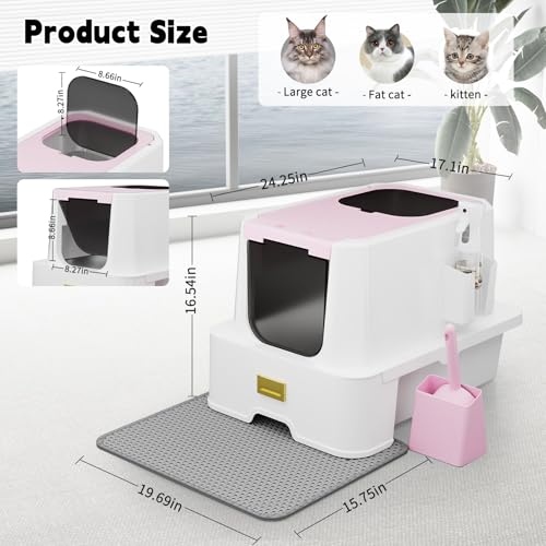RIZZARI Covered Litter Box for Indoor Cats: Pink, Drawer, Easy Clean | Built-In Deodorizer Spray / Spacious for Large Cats / Stainless Anti-Odor / Pull-Out Drawer / Includes Scoop & Mat - color: Light Pink