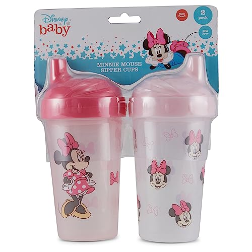 Disney Toddler Sippy Cups for Girls | 10 Ounce Minnie Mouse Sippy Cup Pack of Two with Straw and Lid | Durable Blue Leak Proof Travel Water Bottle for Toddlers