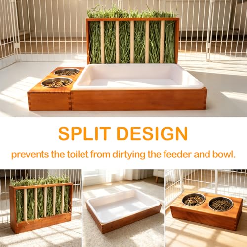BESNEW 3-in-1 Rabbit Hay Feeder with Litter Box,Upgraded Rot Resistant Rreatment Wooden Hay Feeder with 2 Bowls & Litter Box for Guinea Pigs,Chinchillas,Rabbits & Other Small Animals,Waste Prevention - color: Coffee 1, size: 15.7in Style1