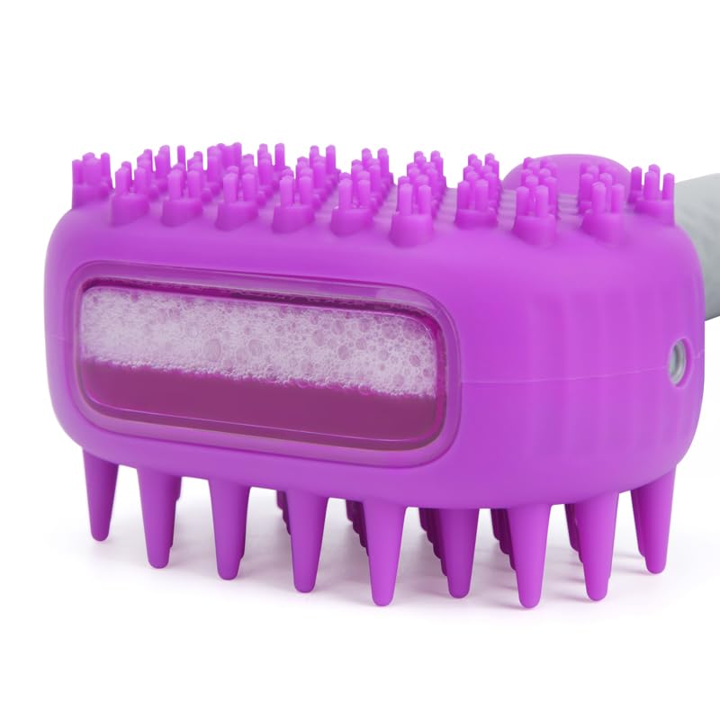 Pet Dog Bath Brush, 2 in 1 Silicone Brush Bathing Grooming Massage Brush with 6.8oz Shampoo Dispenser for Long & Short Haired Dogs Cats Shower