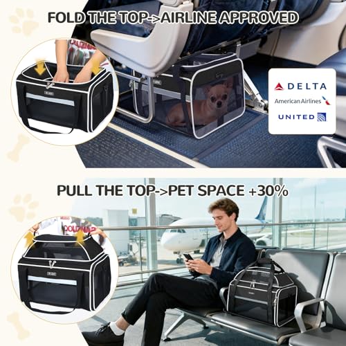 Lekereise Top-Expandable Pet Carrier 18x11x11Inch Delta American United Airline Approved Soft Sided Underseat to 15lbs Travel Carriers for Small Dogs Cats with Locking Safety Zippers Anti-Scratch Mesh - color: Black