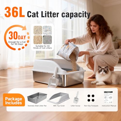 Stainless Steel Cat Litter Box, Extra Large XL Odor Free Metal Litter Box with High Sides Lid, Open Top Litter Pan Include Scoop Easy Cleaning Kitty Cat Box Anti-Urine Leakage, Non-Sticky - color: Light Grey XL