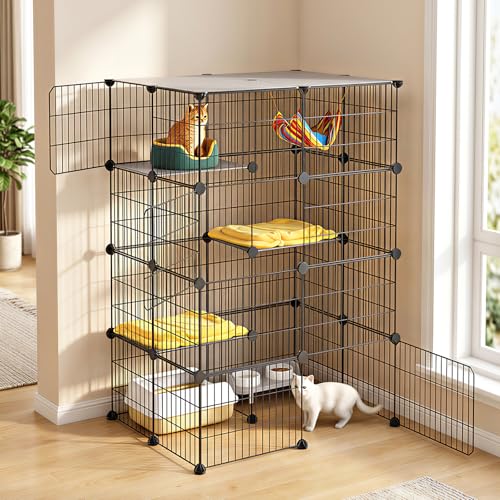 Oneluck 4-Tier Cat Cage for Indoor Cats 47.2-Inch Large Detachable Metal Wire Catio Enclosure Modular DIY Pet Playpen with 3 Platforms and 4 Doors for 1-2 Kittens 31.5 x 23.6 x 47.2 Inches Black - size: 31.5"L x 23.6"W x 47.2"H