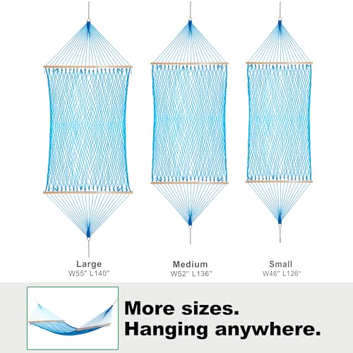 Gafete Rope Hammock 2 Person Traditional Hand Woven Outdoor Cotton Hammocks with Hardwood Spreader Bar, Max 450 lbs Capacity (Lake Aqua, Medium) - color: Lake Aqua, size: Medium