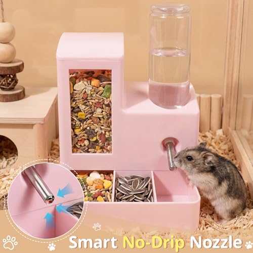 2 in 1 Hamster Water Bottle, No Drip 120ml Hamster Water Bottle, Gravity Hamster Food Bowl with Snack Bowl, Hamster Cage Accessories for Cage for Guinea Pigs