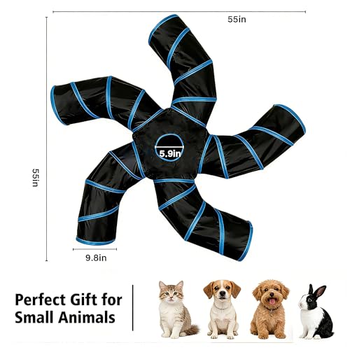 Cat Tunnel for Indoor Cats Large, with Bell Ball S-Shape | 5 Way Collapsible Interactive Peek Hole Pet Tube Toys, Puppy, Kitty, Kitten, Rabbit (Blue & Black) - color: Blue & Black