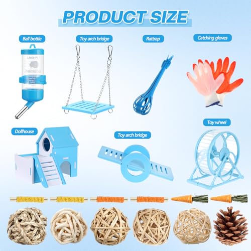 Teenyyou 24 Pcs Small Guinea Pig Starter Kit Essentials for Hamster Cage Accessories Toys House Bed Cage Cleaner Food Bowl Water Holder Carrier Bag Teething Toys Liner Tunnel for Beginner(Blue) - color: Blue