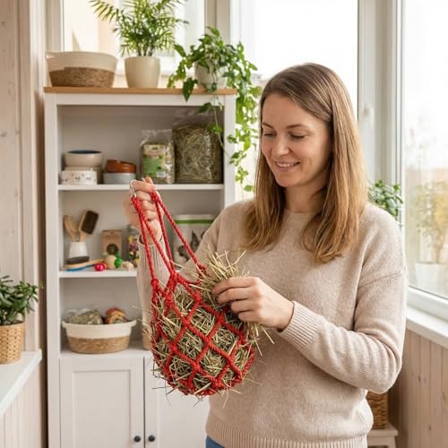 Red Hanging Spherical Rabbit Hay Feeder 13×11in,Interactive Hay Pouch - color: Red