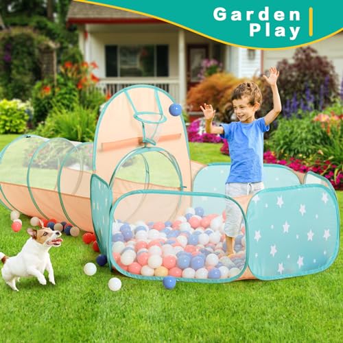 PigPigPen 3pc Kids Play Tent for Girls and Boys with Ball Pit, Crawl Tunnel, Princess Tents for Toddlers, Baby Space World Playhouse Toys, Boys Indoor& Outdoor Play House, Perfect Kid’s Gifts - style: 3PC Orange & Green Star Play Tent