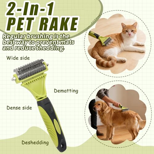 2-in-1 Pet Grooming Brush & Undercoat Rake, Double-Sided Hurtless Dematting Comb for Dogs & Cats, Universal Detangling, Shedding & Slicker Brush, Pet Grooming Tool for Removing Old Hair (Green)