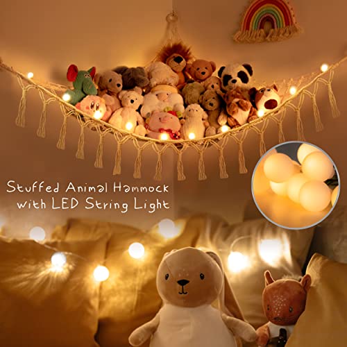 Stuffed Animal Net or Hammock with Light,Yewiwin Macrame Hanging Net Hammock for Stuffed Animal Toy Storage Organizer Boho Decor Room Holder for Nursery Play Room Bedroom (Beige-2) - color: Beige-2(42"*42"*57")