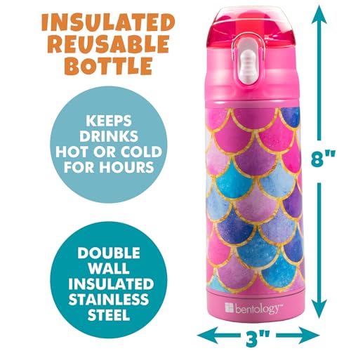 Bentology Stainless Steel 13 Oz Reusable Water Bottle for Kids, Mermaid | Double Wall Insulated, Spill Proof Lid W/Built-in Straw- Keep Liquids Hot or Cold- Easily Fits in Lunch Boxes & Bags - color: Mermaid