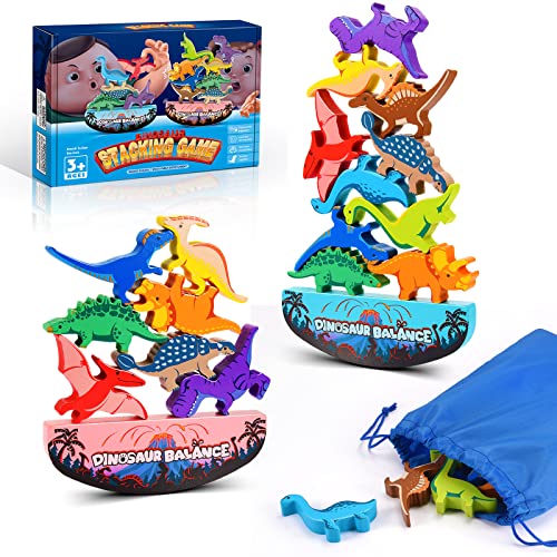 IPOURUP Dinosaur Toys for Kids 3-5: Wooden Stacking Montessori Toys for 3 4 5 6 7 8 Year Old Balance Competition Game for Family Ideal Christmas Birthday Gifts for Kids Ages 3-8 (Double Version) - style: Double Dino Blocks