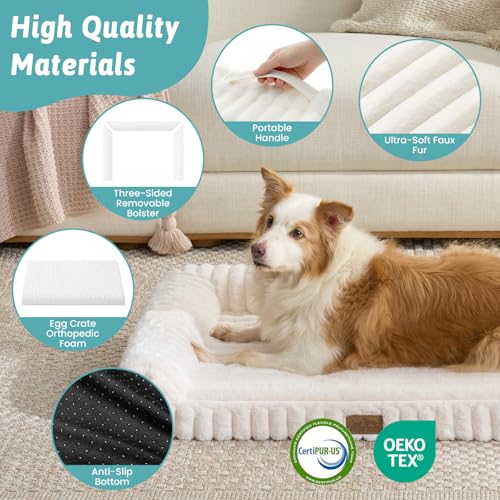 COZY KISS Ultra Soft Faux Rabbit Fur Dog Bed for Small Dogs – 30"x20" Orthopedic Foam Couch, Removable Washable Cover & Waterproof Lining, Cream