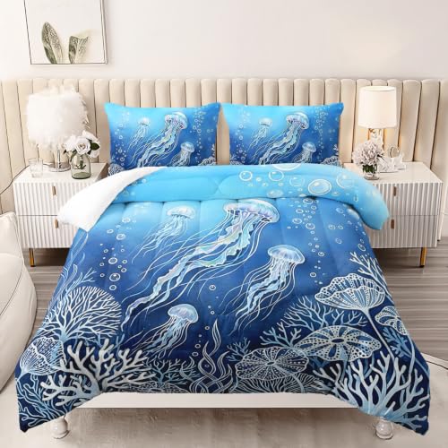 AILONEN Aqua Jellyfish Wave Full Comforter Set, Marine Plant Bedding Pack with 2 Pillowcases, Teen Bedroom - color: Sea8, size: Full