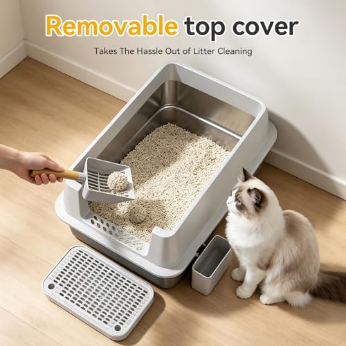 XL Enclosed Stainless Steel Litter Box with Lid, Light Gray | covered, High Sided, Rustproof & Leak Proof, Easy Clean, Odor Control, Includes Scoop & Step - color: Light Gray