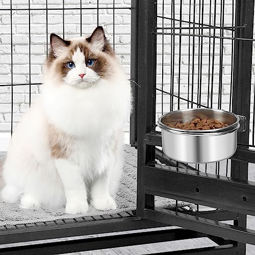 Dog Bowl Stainless Steel Pet Hanging Food Water Bowl Cage Feeding Cup Feeder for Dogs Cats Rabbits Birds Small Animal (Small) | Rust-resistant, detachable bracket for easy cleaning & refilling, no spill, for dogs/cats/rabbits/birds cage kennel, 10oz - col