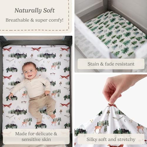 Pack and Play Sheets Fitted, Mini Crib Sheets for Graco Pack N Play Playard (38x26), Ultra Soft Organic Cotton Blend, Safe & Snug Playpen Mattress Sheet for Baby Boys & Girls – Starry Woodland, 2-Pack - color: Woodland Forest Animals