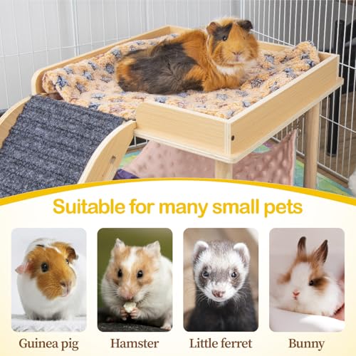 BESNEW Enlarged Guinea Pig Hammock with Platform and Stairs,Wooden Small Animal Hideout for Guinea Pigs Bunny Ferret Hamster Hiding Sleeping Activities(Single) - style: Hammock with ramp