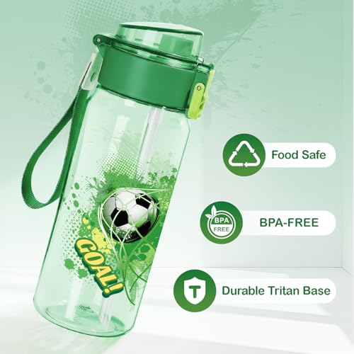 Tritan Kids Water Bottle for School, 18.6 Oz Leakproof Toddler Water Bottle | with a Pop-up Detachbale Straw, 2-in-1, Dishwasher Safe, 1-Pack, Soccer - color: Soccer
